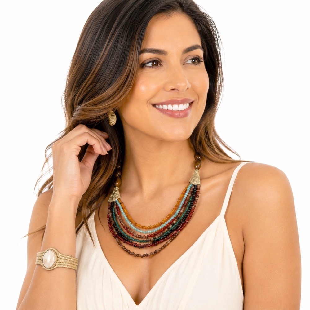 Boho‎ Multi Strand Seed Bead Bib Necklace Earth Tone Marbled Resin Chic 103-156
